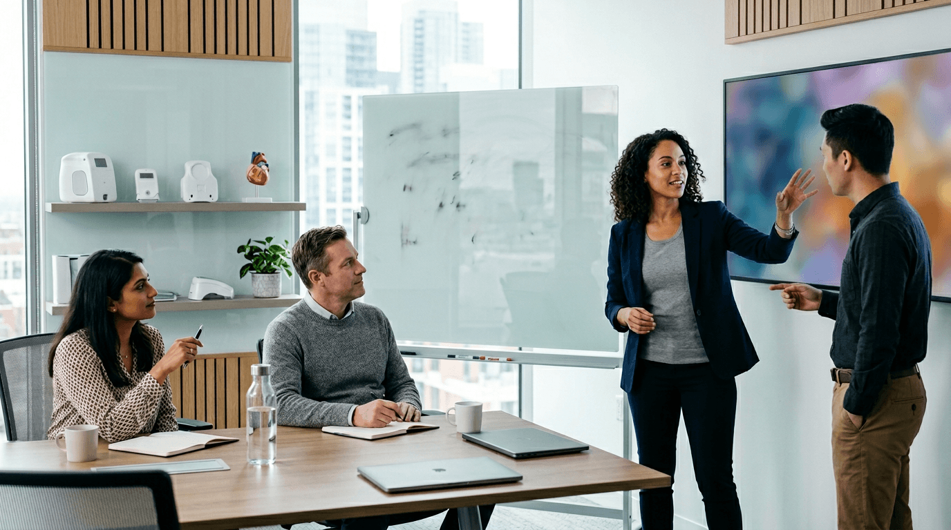 Health technology product and commercial team reviewing strategy in a modern medtech office with subtle clinical-tech cues.
