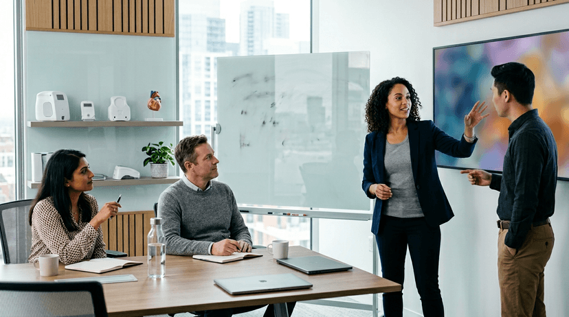 Health technology product and commercial team reviewing strategy in a modern medtech office with subtle clinical-tech cues.