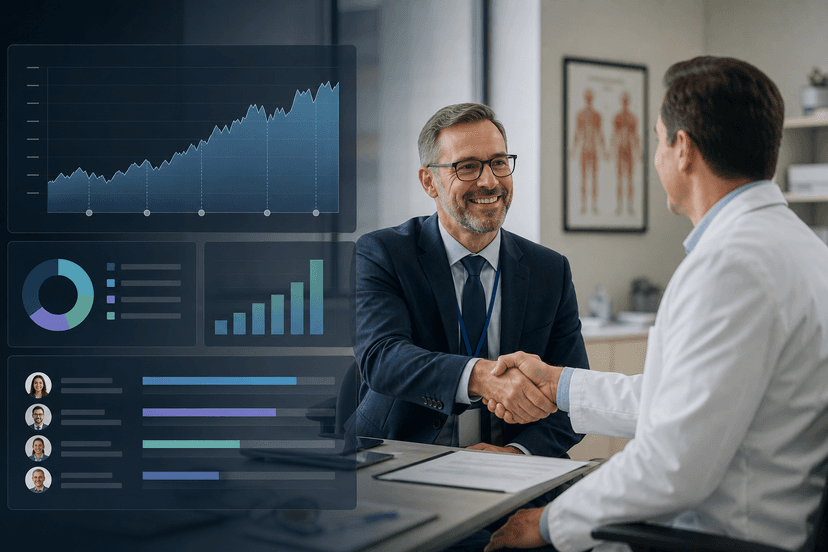 A physician liaison reviewing referral data dashboards.