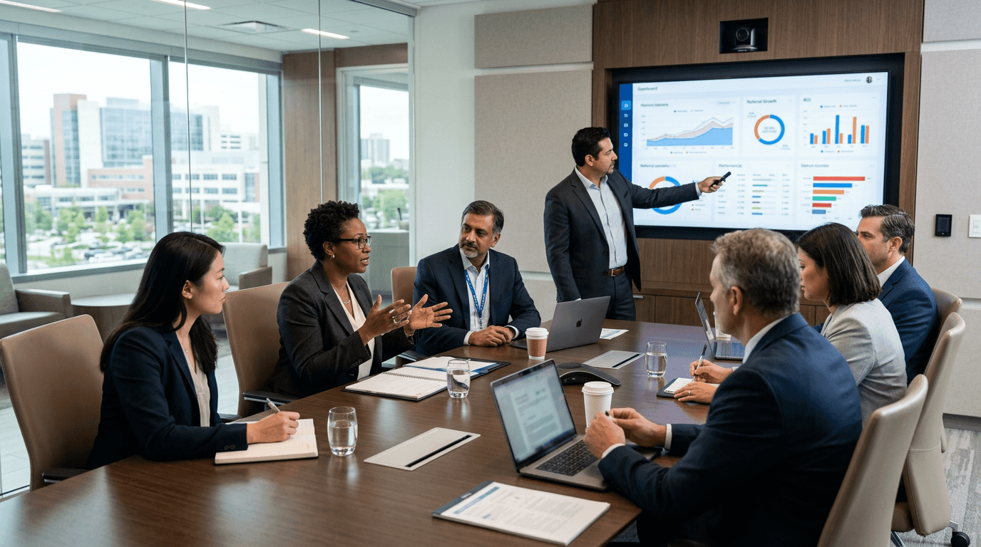 Healthcare executives and physician liaison leaders reviewing referral growth and ROI in a modern hospital boardroom.
