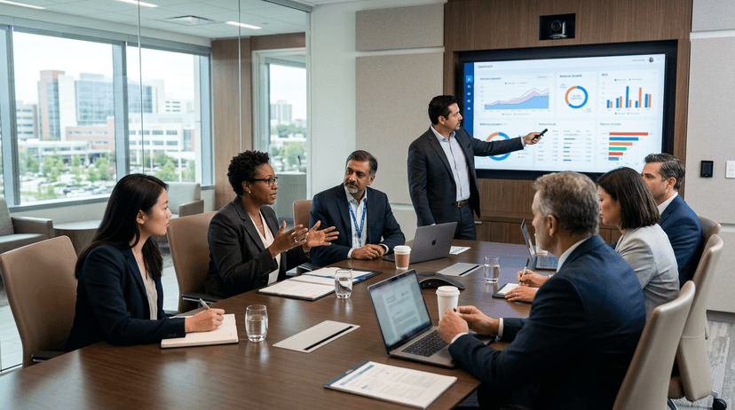 Healthcare executives and physician liaison leaders reviewing referral growth and ROI in a modern hospital boardroom.