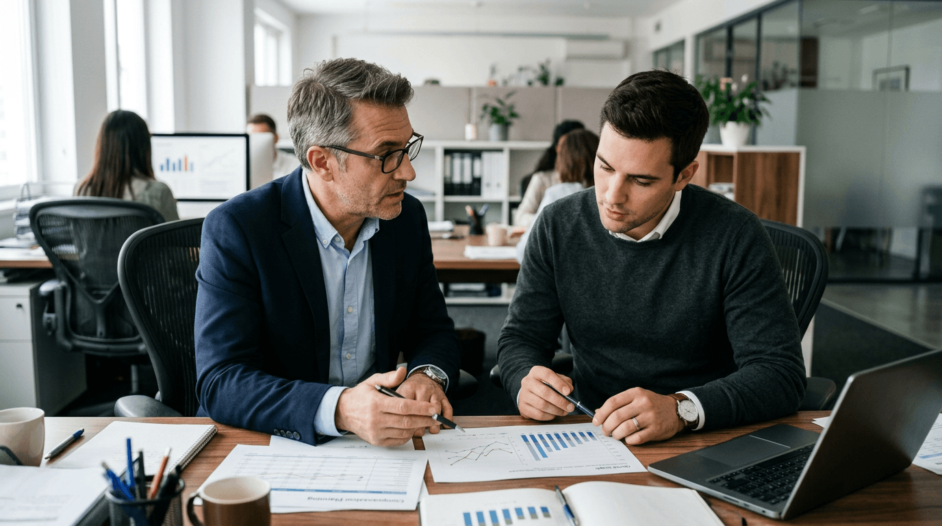 Medical device sales manager and representative reviewing commission tiers and quota plans during compensation planning.