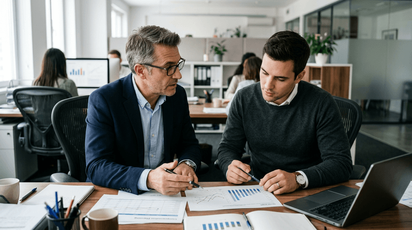 Medical device sales manager and representative reviewing commission tiers and quota plans during compensation planning.