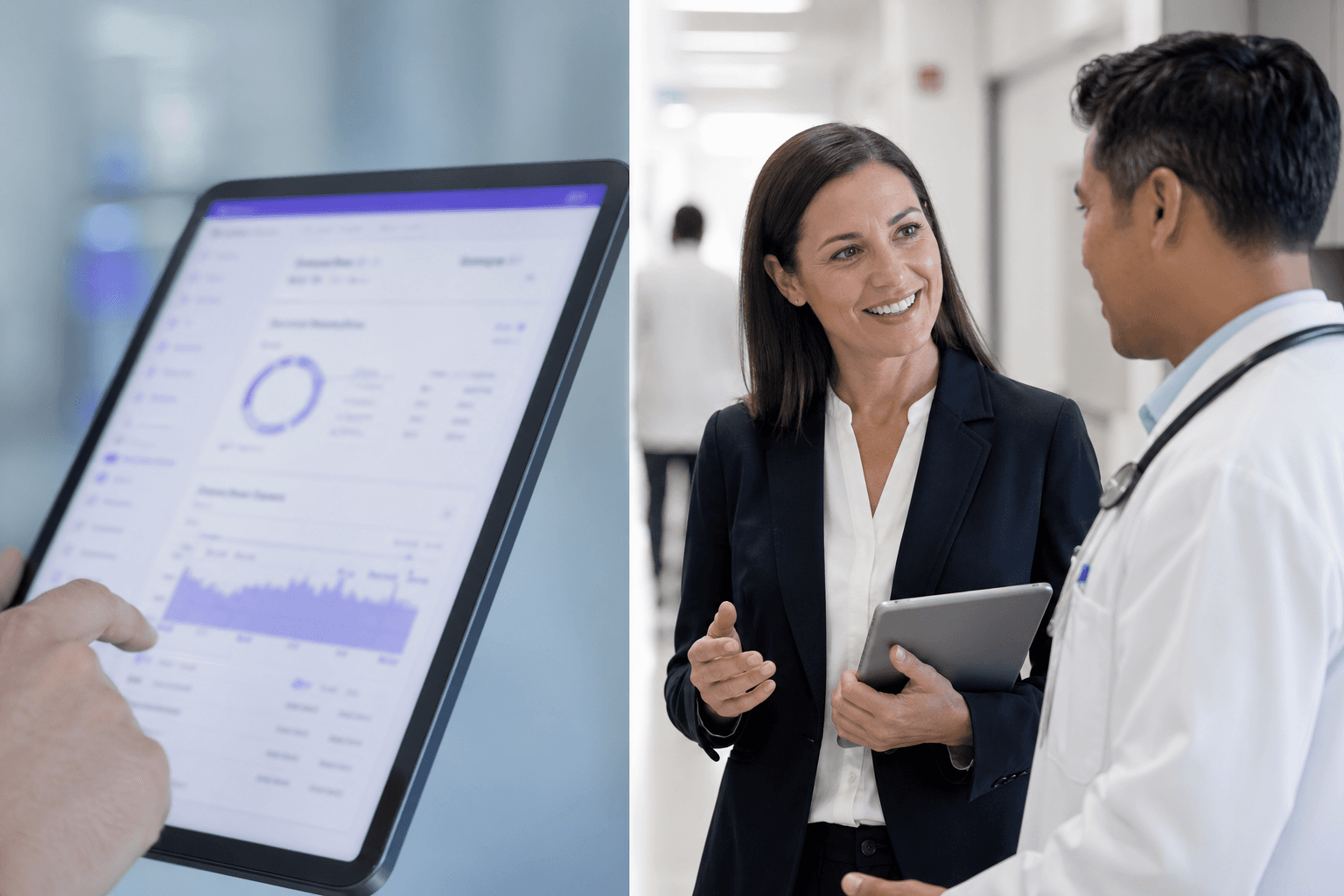 Comparison of a PRM software dashboard on a tablet and a physician liaison talking directly with a doctor.