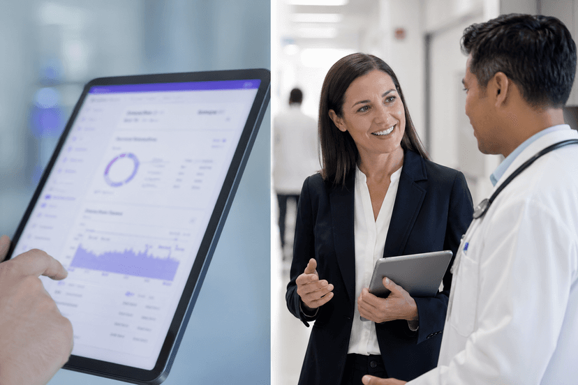 Comparison of a PRM software dashboard on a tablet and a physician liaison talking directly with a doctor.