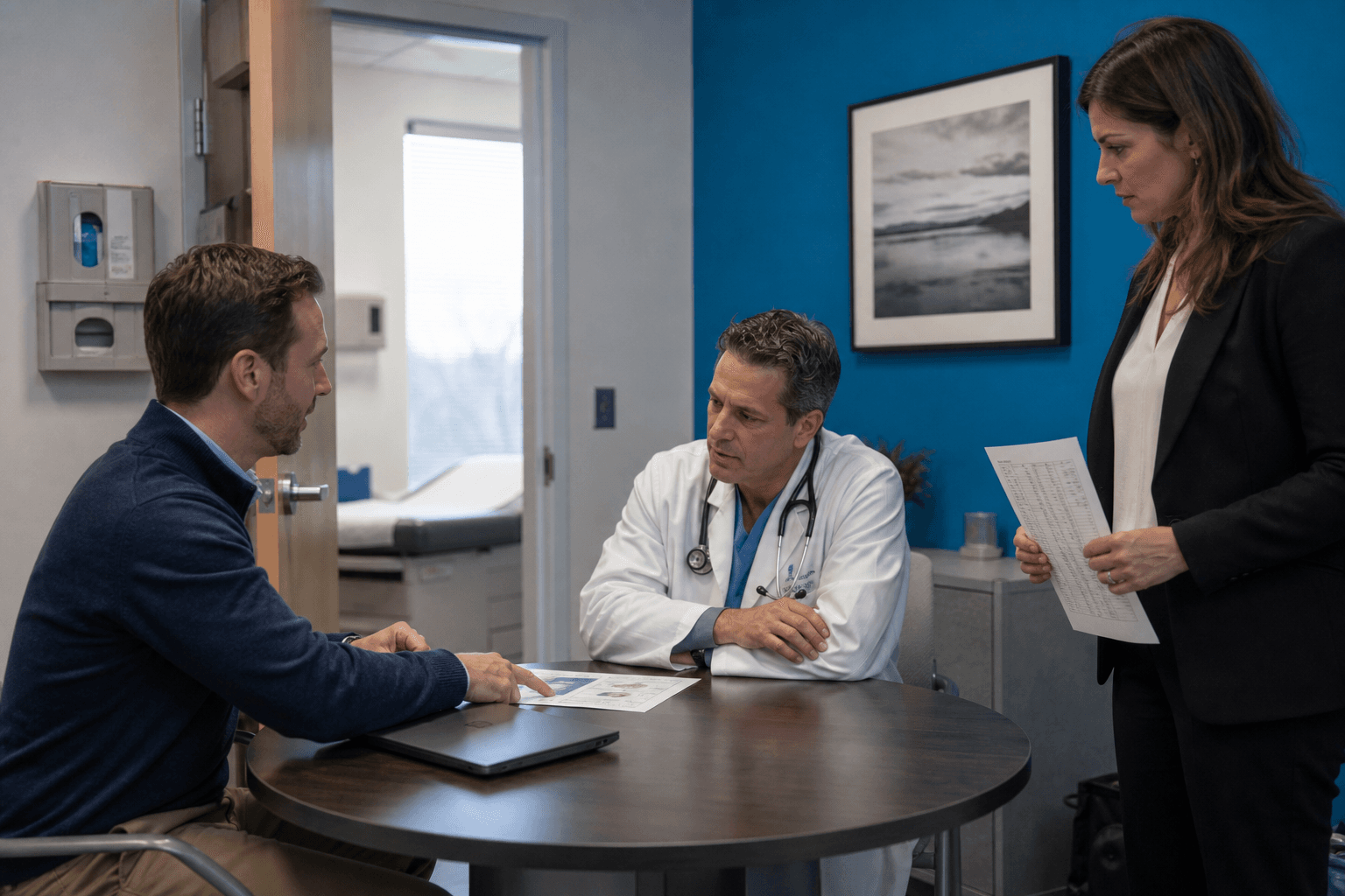 Medical sales representative meeting a physician and practice manager in a clinic office, reviewing a one-page clinical brief.