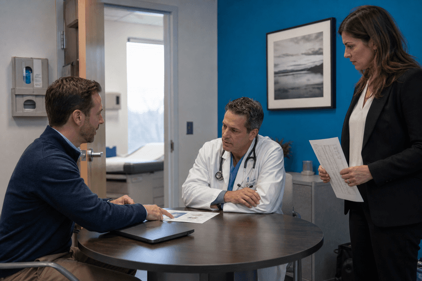 Medical sales representative meeting a physician and practice manager in a clinic office, reviewing a one-page clinical brief.