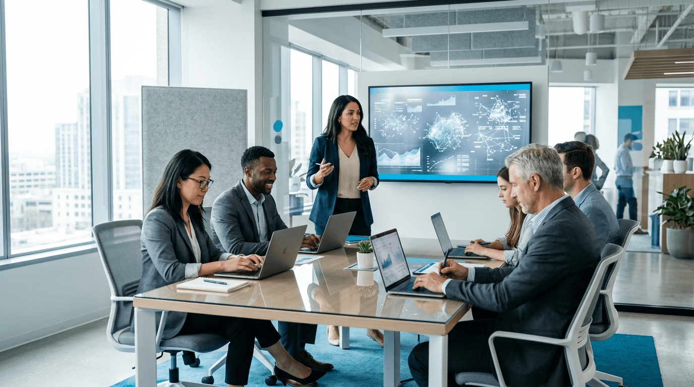 Healthcare software sales planning scene with hospital context and technology-focused go-to-market strategy artifacts.