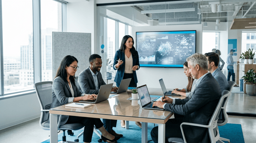 Healthcare software sales planning scene with hospital context and technology-focused go-to-market strategy artifacts.