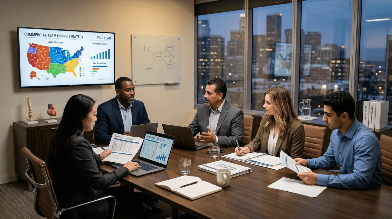 Commercial leaders reviewing medical sales recruiting strategy, recruiter economics, and territory coverage options in a modern conference room.