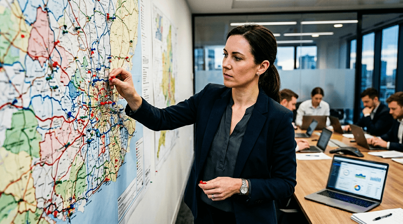 Pharmaceutical sales manager mapping out territory coverage urgently in a modern strategy war-room.