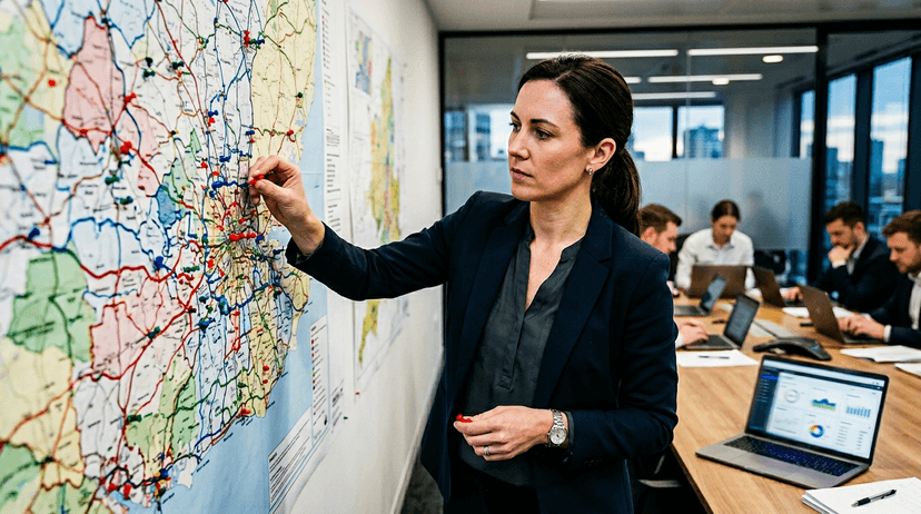 Pharmaceutical sales manager mapping out territory coverage urgently in a modern strategy war-room.