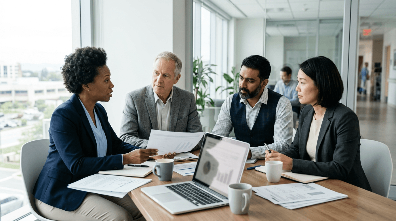 Hospital IT and finance leaders in a conference room reviewing vendor materials and a laptop during a health software evaluation.