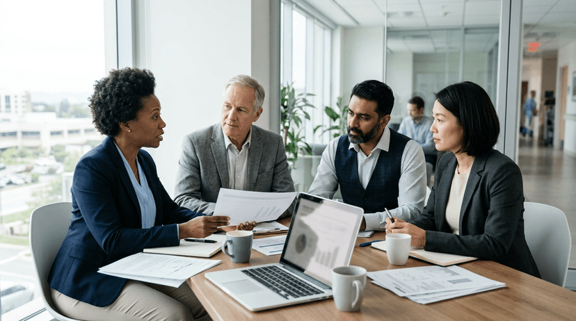 Hospital IT and finance leaders in a conference room reviewing vendor materials and a laptop during a health software evaluation.