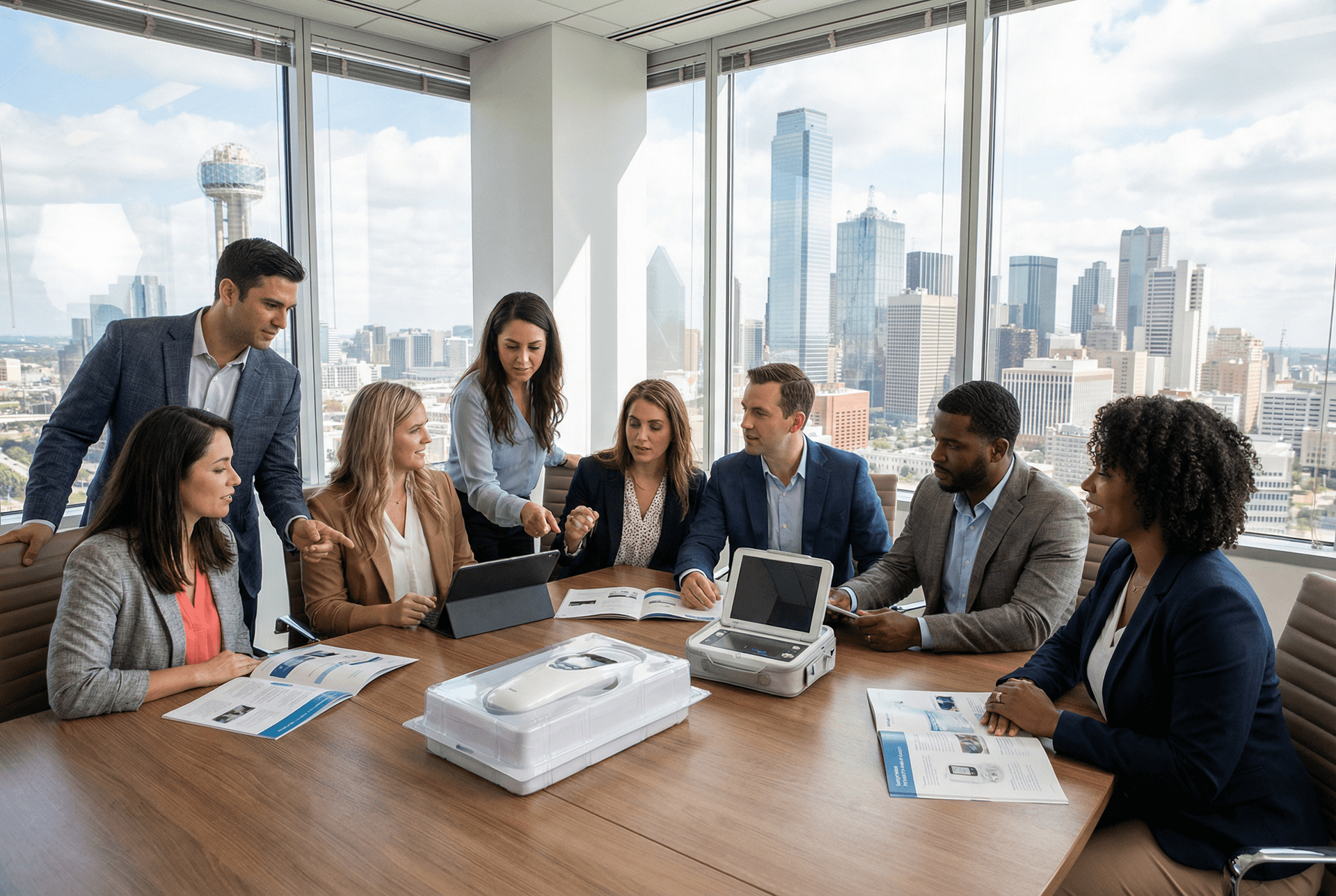 Medical device sales professionals in a Texas conference room discussing strategy with skyline in background