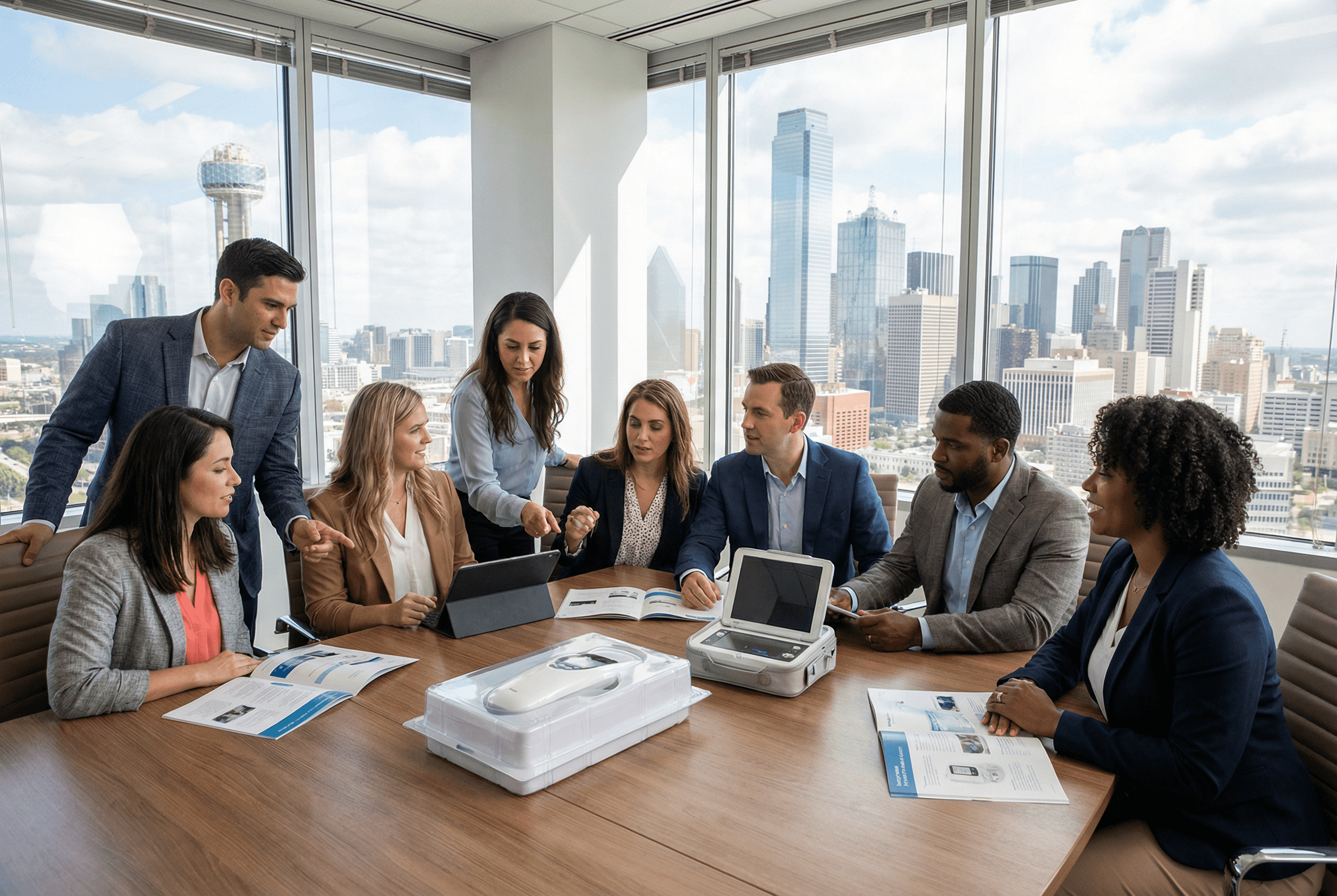 Medical device sales professionals in a Texas conference room discussing strategy with skyline in background