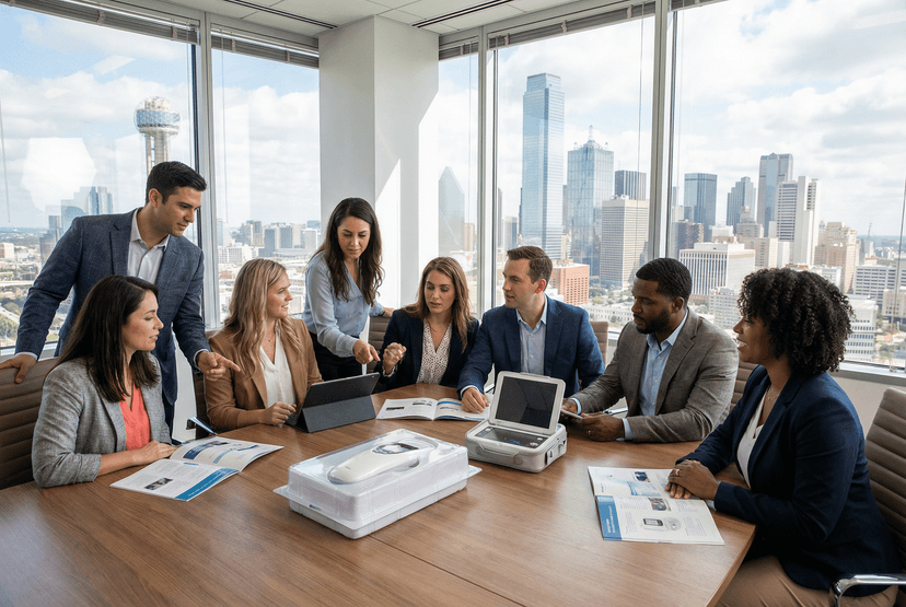 Medical device sales professionals in a Texas conference room discussing strategy with skyline in background