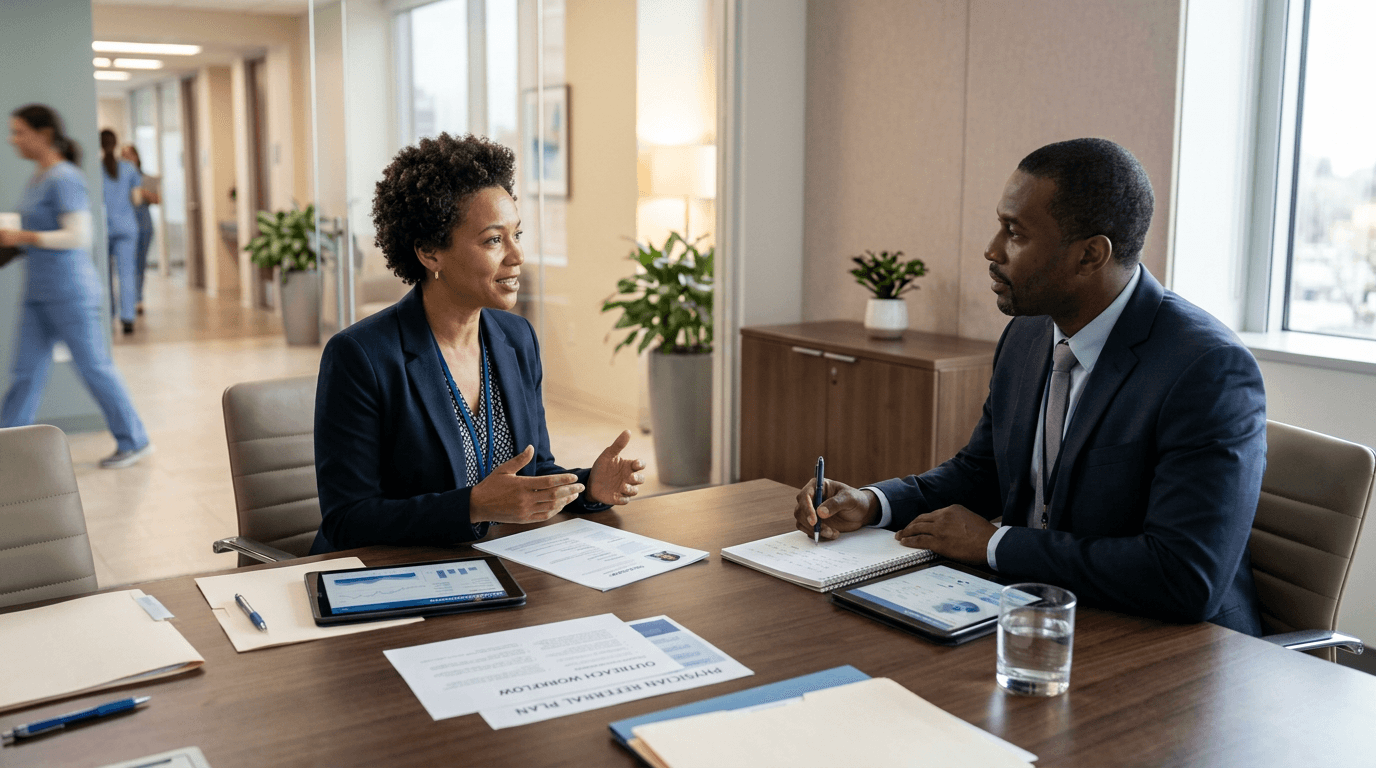 Healthcare hiring manager interviewing a physician liaison candidate in a professional hospital business setting focused on referral growth.