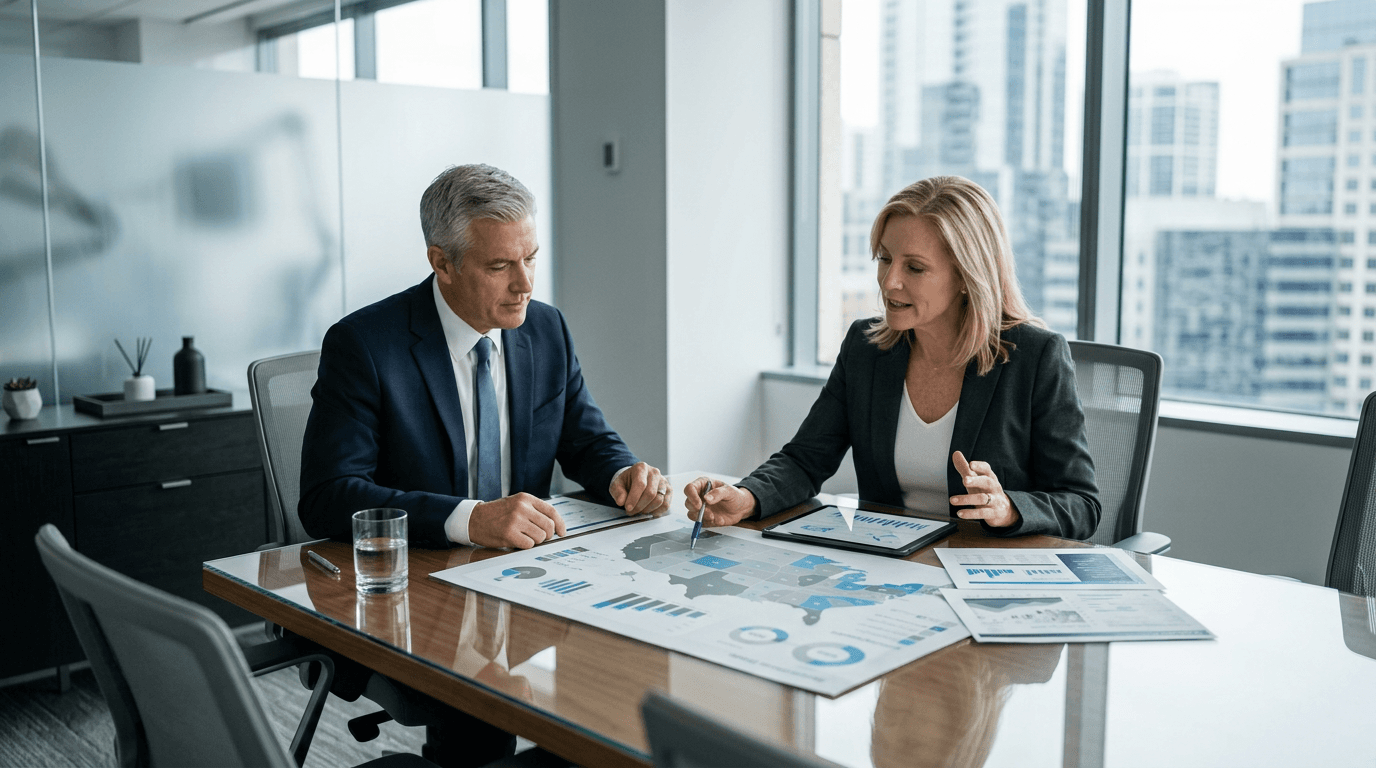 Healthcare commercial leadership team reviewing outsourcing versus in-house sales coverage with planning documents and charts.