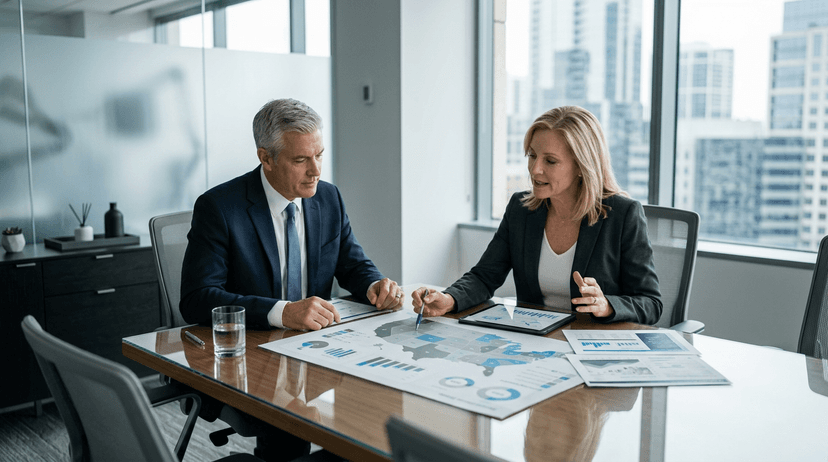 Healthcare commercial leadership team reviewing outsourcing versus in-house sales coverage with planning documents and charts.