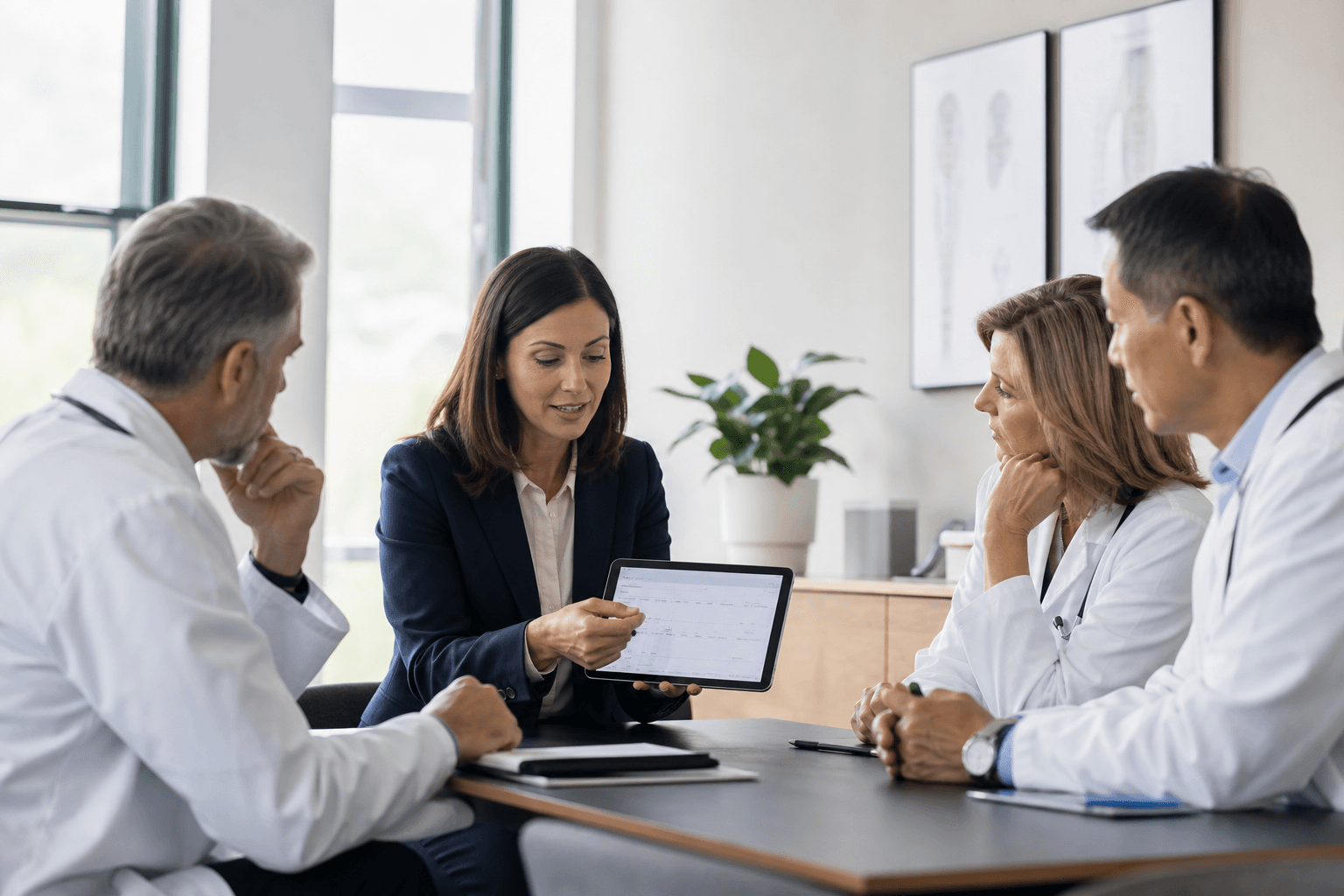 A software sales representative consulting with doctors in an independent clinic.