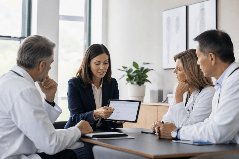 A software sales representative consulting with doctors in an independent clinic.
