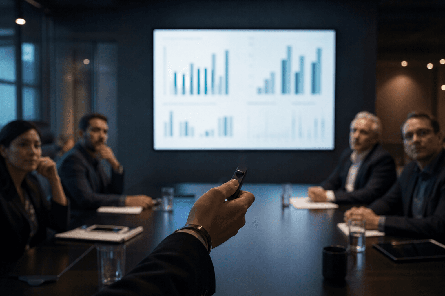 Investors reviewing a provider traction slide during a Series B pitch meeting.