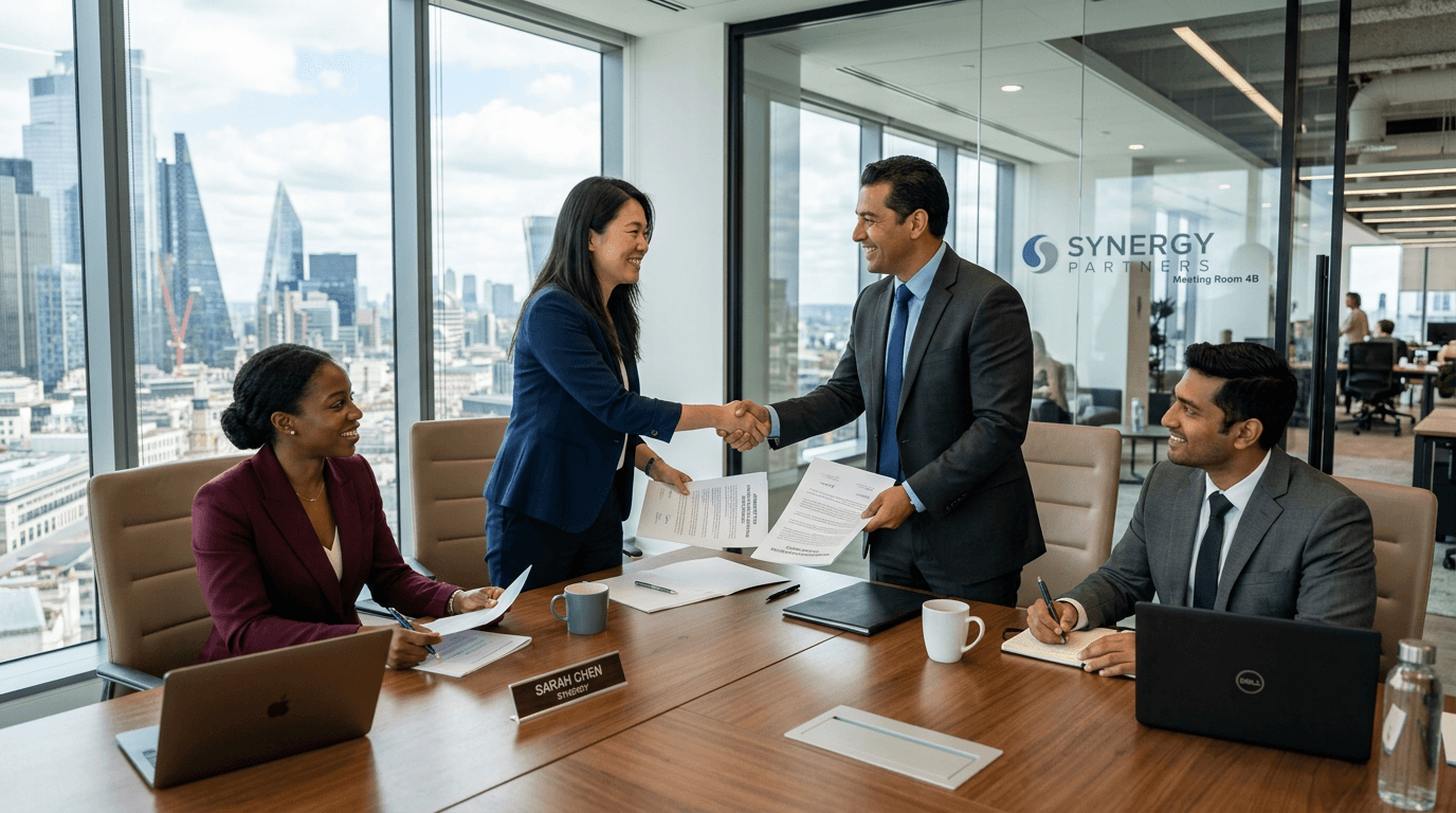 Contract sales and outsourcing professionals in a corporate meeting, discussing partnership and agreements.
