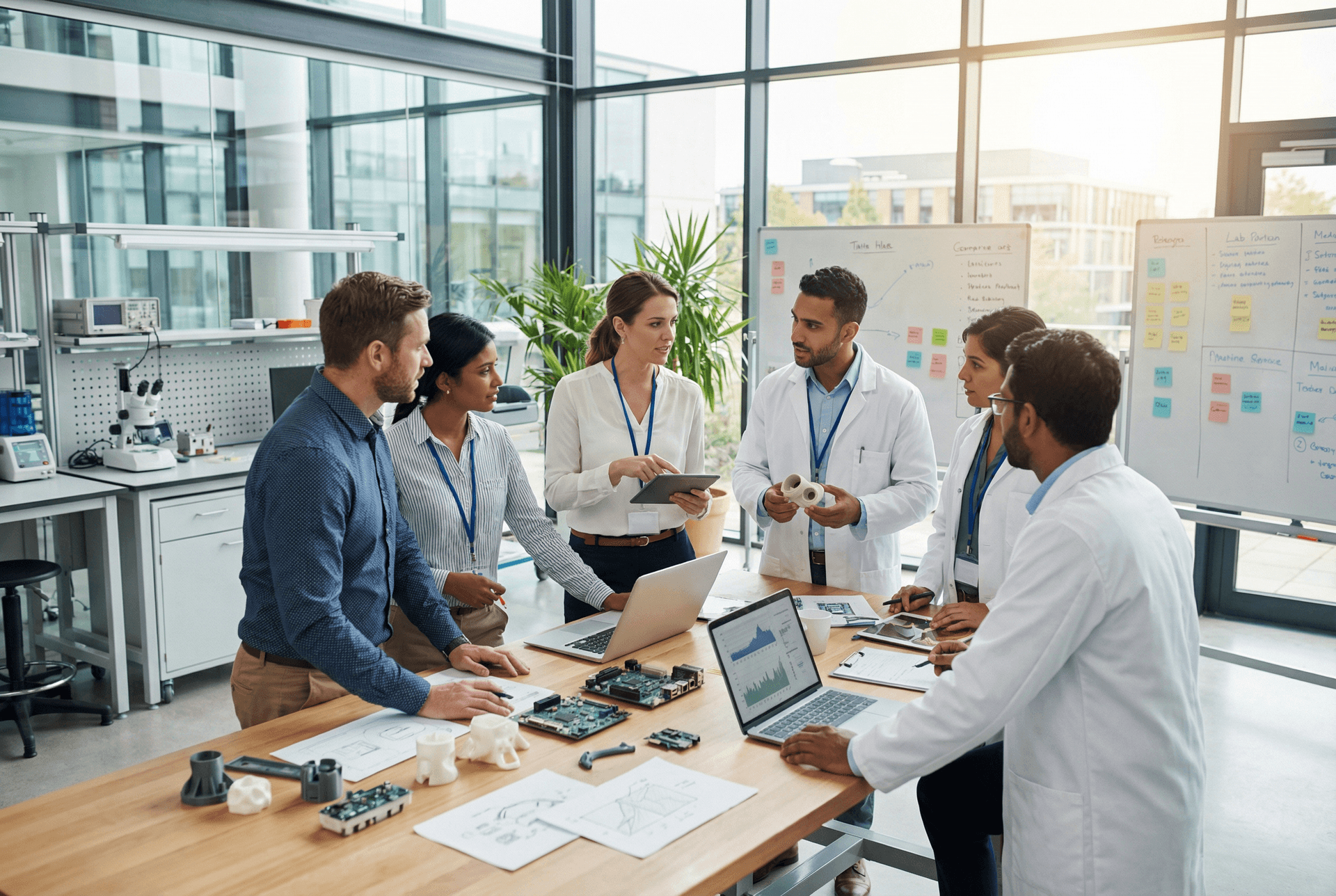 Medical device professionals discussing product strategy in modern healthcare company office