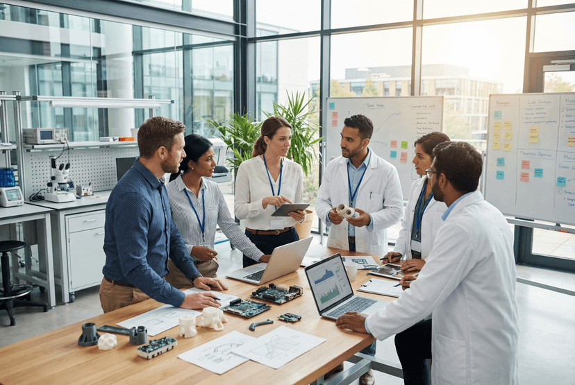 Medical device professionals discussing product strategy in modern healthcare company office