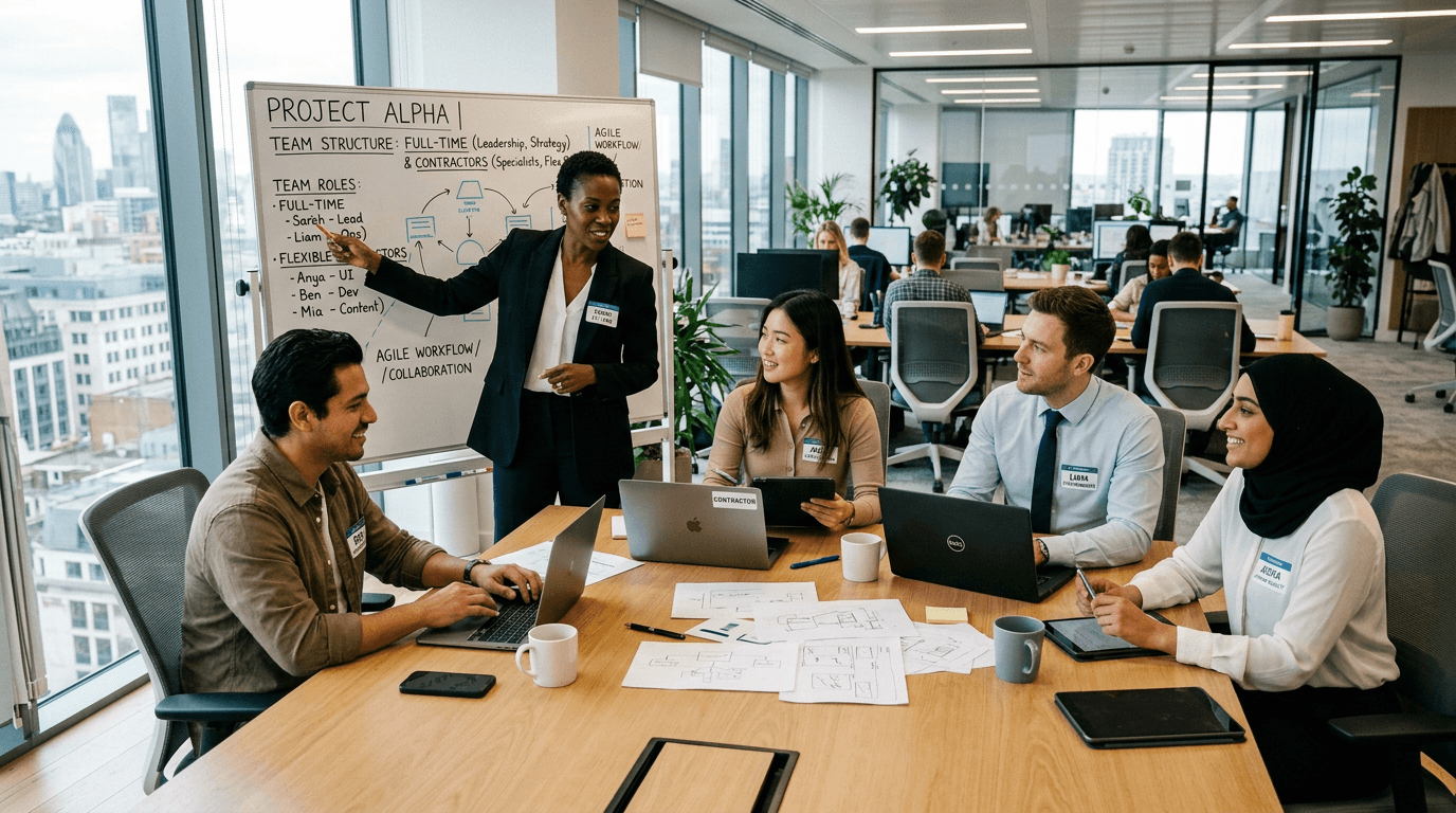 Diverse medical sales and flexible workforce team in a modern office, collaboration and contract vs full-time concept.