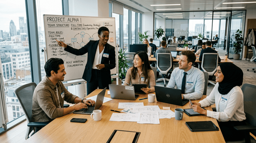Diverse medical sales and flexible workforce team in a modern office, collaboration and contract vs full-time concept.