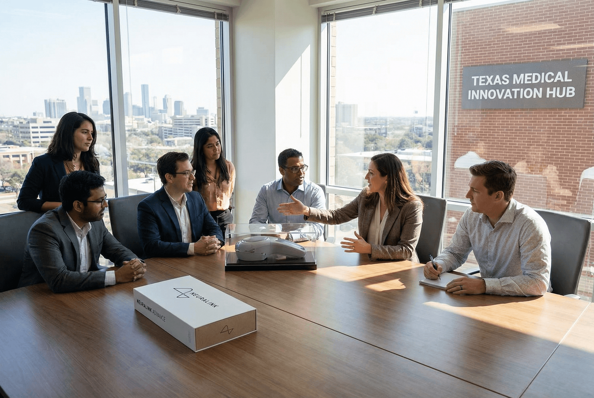 Medical device product launch meeting in Texas; team discussing new product in professional healthcare setting.