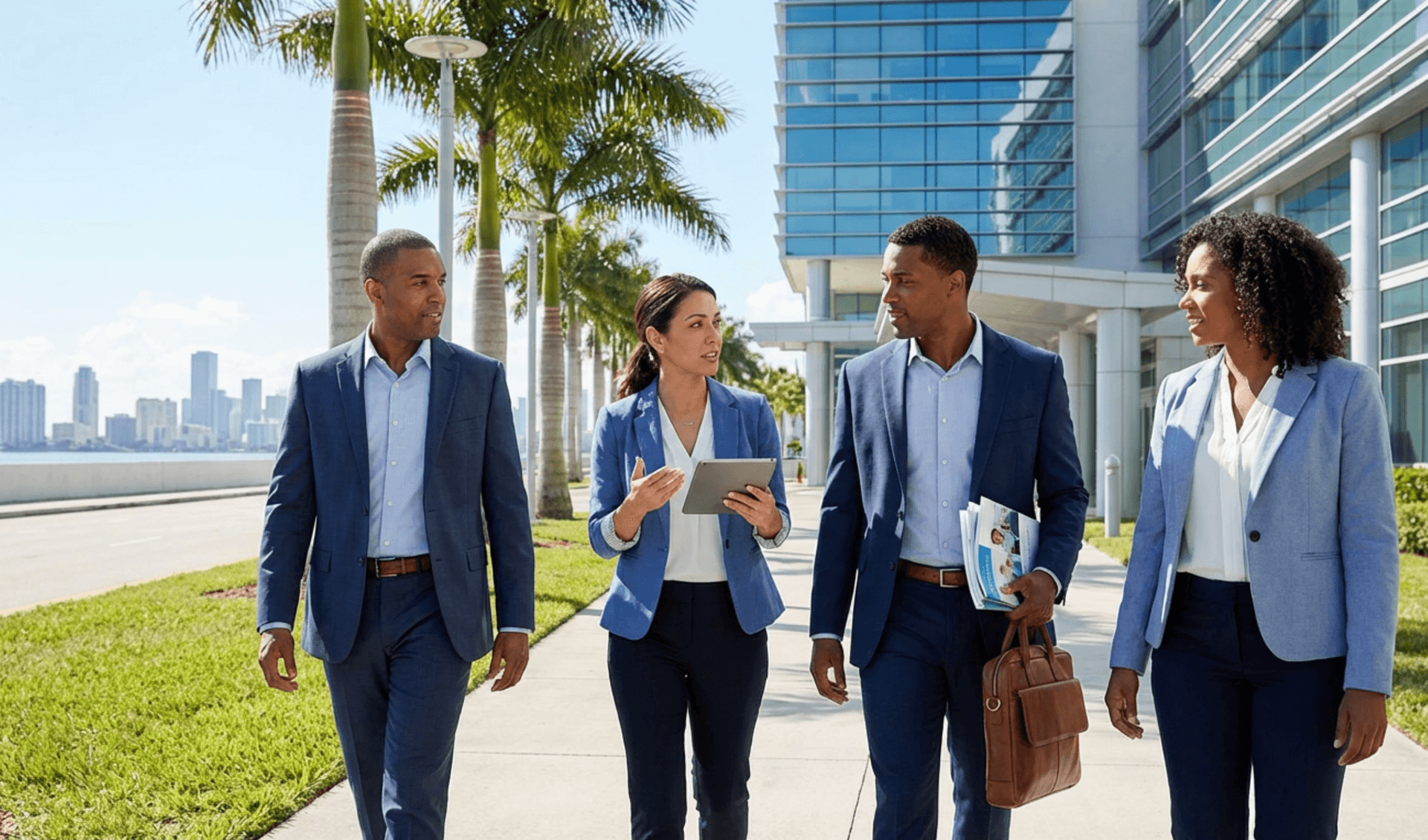 Medical sales representatives walking together outside a Florida medical campus with palm trees and a coastal skyline in the background.
